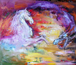 a painting of a white horse and a dragon